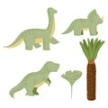 Set cute dinosaurs on white background. Fantasy animals jurassic tyrannosaurus, triceratops, brachiosaurus, palm and ginkgo in