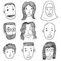Set of cute and diverse hand drawn faces isolated on white background. vector illustration Royalty Free Stock Photo