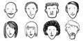 Set of cute and diverse hand drawn faces isolated on white background. vector illustration