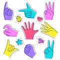 Set of cute Diverse Hands. Illustration in doodle style. Designation of numbers with hands, gestures isolated on white