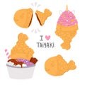 set of cute doodle asian food taiyaki