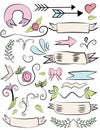 Set of cute doodle banners, floral elements and hearts Royalty Free Stock Photo