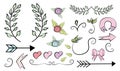 Set of cute doodle banners, floral elements and hearts Royalty Free Stock Photo