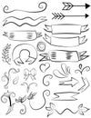 Set of cute doodle banners, floral elements and hearts Royalty Free Stock Photo