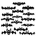 Set of cute doodle bats, silhouettes of flying animals for Halloween, mammals of various shapes and sizes Royalty Free Stock Photo