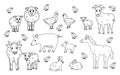 Set of cute doodle black outline vector cartoon animals at farm. Sheep ram, cow, bull, calf, chicken, rooster, goat mother and kid Royalty Free Stock Photo