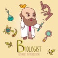 Set of cute doodle icons and old man - biologist