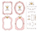 Set of cute doodle mirrors. Princess vector element of design. Pink frames with crown, tiara.