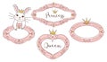 Set of cute doodle mirrors. Princess vector element of design. Pink frames with crown, tiara.