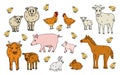 Set of cute doodle outline vector cartoon animals at the farm. Sheep, ram, cow, bull, calf, chicken, rooster, goat mother and kid Royalty Free Stock Photo