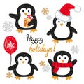 Set of cute doodle penguins. Merry Christmas greetings.