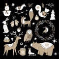 Set of cute doodle sketches. Christmas clip-arts of bear, bunny, reindeer, fox, owl, squirrel and snowman. Scandinavian