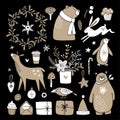 Set of cute doodle sketches. Christmas clip-arts of bear, bunny, reindeer, gift boxes, penguin, winter flowers and