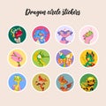 Set of cute dragons circle sticker. Collection of funny fantasy animal character illustration isolated on beige background.