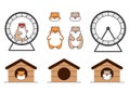 Set of cute drawn hamsters. Kawaii hamster runs in a wheel and sits in houses. Collection of avatars mascots funny