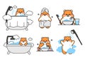 Set of cute drawn hamsters. Kawaii hamster washes and brushes his teeth, washes in the bath under the shower. Collection Royalty Free Stock Photo