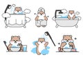 Set of cute drawn hamsters. Kawaii hamster washes and brushes his teeth, washes in the bath under the shower. Collection