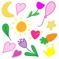 Set of cute drawn simple objects - umbrella, carrot, flower, heart, sun, moon, star, vector illustration for a child