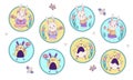 Set of cute Easter animals. Rabbit girl and boy with Easter eggs and a rose and Chickens sitting in an egg in a round decorative Royalty Free Stock Photo