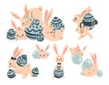 Set with cute Easter bunnies: small bunnies play with eggs. Vector illustration.