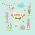 Set of cute Easter cartoon characters and design elements bunny, butterflies, eggs and flowers. Vector illustration. Royalty Free Stock Photo