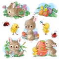 Set of cute Easter cartoon characters and design elements. Easter bunny, chickens, eggs and flowers. illustration. Royalty Free Stock Photo