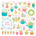 Set of cute Easter cartoon characters and design elements. Bunny, chickens, eggs and flowers. Vector illustration Royalty Free Stock Photo