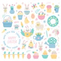 Set of cute Easter cartoon characters and design elements. Bunny, chickens, eggs and flowers. Vector illustration Royalty Free Stock Photo