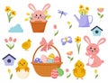 Set of cute Easter cartoon characters and design elements. Easter bunny, chickens, eggs and flowers. Vector illustration Royalty Free Stock Photo
