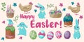 Set of cute Easter cartoon characters and design elements. Easter bunny, chickens, eggs and flowers. Vector illustration Royalty Free Stock Photo