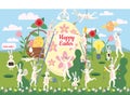 Set of cute Easter cartoon characters and design elements. Easter bunny, eggs and flowers. Vector illustration. Royalty Free Stock Photo