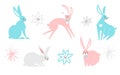 Set of cute Easter cartoon characters rabbits and design elements. Bunny and flowers. Animals in a flat style isolated on white Royalty Free Stock Photo