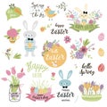 Set of cute Easter cartoon elements Easter bunny eggs decorative flowers isolated Vector illustration text Happy Easter Royalty Free Stock Photo