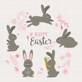 Set of cute Easter Rabbits in doodle vector style.