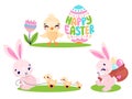 Set of cute Easter rabbits with Easter eggs and chicken. Collection of Easter bunny isolated on white background. Royalty Free Stock Photo