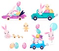 Set of cute Easter rabbits with Easter eggs and chicken. Transport with Easter bunny.