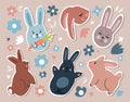 A set of cute Easter stickers made of bunnies and flowers.