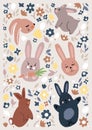 A set of cute Easter stickers made of bunnies and flowers.