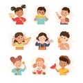 Set of cute eating little boys and girls. Happy kids eating healthy and unhealthy food cartoon vector illustration