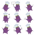 Set of cute eggplant chef cartoon characters with various activities