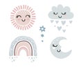 Set of cute elements for children s design, sun, moon, rainbow and and cloud. Vector flat cartoon illustration isolated Royalty Free Stock Photo