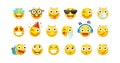 Set of cute emoticons. Yellow round emoji with different emotions, love, happiness, sadness, holiday, trendy, wink. Set
