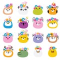 Set of cute face animals wear flower crown.Spring time.Floral.Nature.Animal Royalty Free Stock Photo