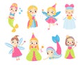 Set of Cute fairy tales characters. Collection of magic Mermaids, fairy and princess in cartoon style