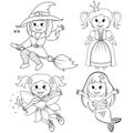 Set of cute fairytale girls. Halloween witch, mermaid, princess and fairy. Black and white vector illustration for coloring book Royalty Free Stock Photo