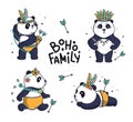 Set of cute family pandas. Animal cartoon characters show history. The bohemian collection