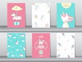 Set of cute fantasy poster,template,cards,unicorn,animals,Vector illustrations