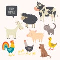 Set of cute farm animals - dog, cat, cow, pig, hen, cock, duck, goat. Royalty Free Stock Photo