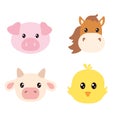 Set Of Cute Farm Animals Faces Isolated On White Background. Cow, Pig, Horse And Chick Head For Kids.