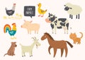 Set of cute farm animals. Horse, cow, sheep, pig, duck, hen, goat, dog, cat, cock. Cartoon vector hand drawn eps 10 Royalty Free Stock Photo